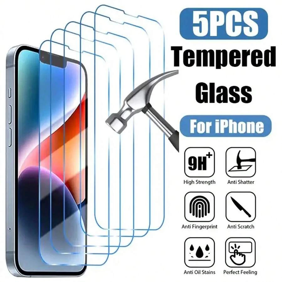 5pcs Tempered Glass Screen Protector Compatible With IPhone 17/17 Pro/17 Pro Max/17 Air/15/16/14/13/12/11 Pro Max, Also Compatible With 12 Mini/13 Mini/7/8/14 Plus/SE/X/XS/XR - Clear - View 1
