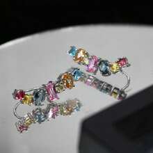 1對時尚銅製和彩色鋯石鑲嵌耳環,誇張的大耳釘,創意色塊珠寶,適用於女孩和女性的派對,節日和日常穿著 - 銀色 - 查看 5