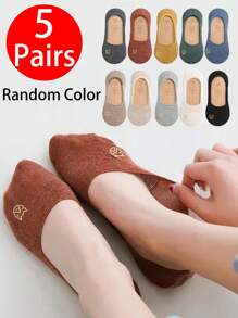 5雙女式純色隱形船襪,卡通貓圖案,防滑、透氣、薄款、百搭