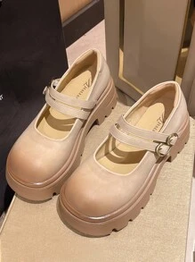 女性瑪莉珍鞋,平底厚底圓頭帶扣淺口跟鞋,復古漸變色雙扣鞋帶系帶奧蘭佩斯鞋款女鞋 - 米色 - 查看 2