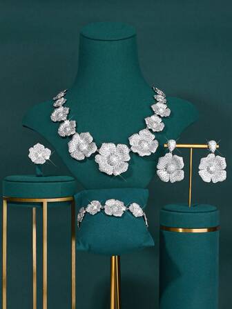 歐美風格的玫瑰和鋯石4入組沙特阿拉伯高端新娘婚禮項鍊珠寶套裝,女士晚會禮物