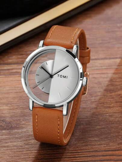  TOMI Fashionable Minimalist Smartwatch For Teenagers, Advanced Technology Personalized Hollow See-Through Dial Half-Faced Leather Strap Watch