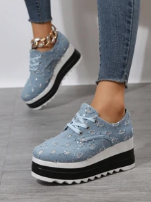 Women's Thick Bottom Low-Cut Shoes, Spring/Summer Fashion Light Blue Wedge Heel Flat Casual Shoes