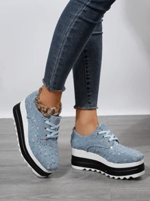 Women's Thick Bottom Low-Cut Shoes, Spring/Summer Fashion Light Blue Wedge Heel Flat Casual Shoes