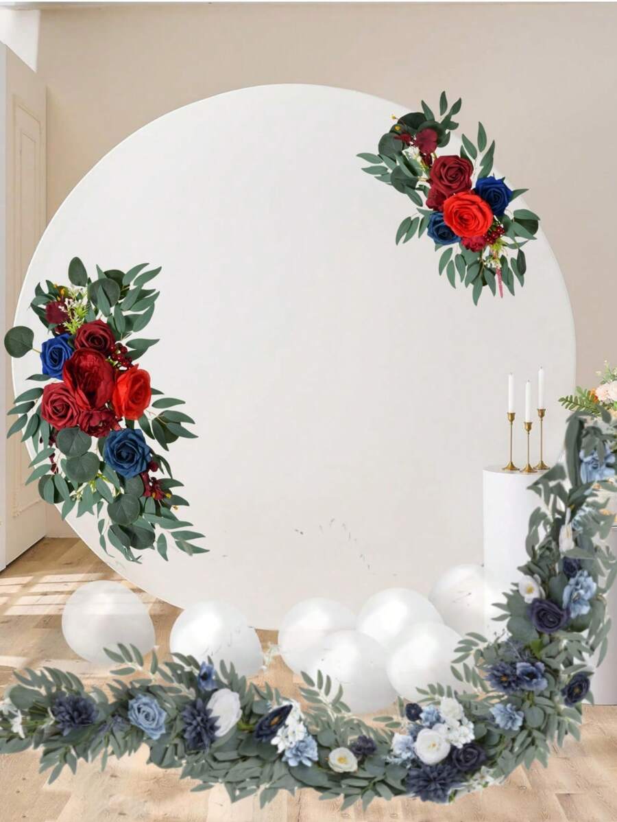 3Pcs/Set Artificial Eucalyptus Willow Garland With Flowers 1Pc 6FT With Wedding Arch Flowers Floral 2Pcs Swag Arrangements, Wedding Table Garland With Flowers Handcrafted Wedding Centerpieces Table Runner Swag For Rehearsal Dinner Bridal Shower Outdoor Decor - 藏蓝色 - 查看 1