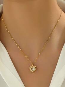 1 Máy Tính Màu Vàng Thép Không Gỉ 2 Lớp Trái Tim Tình Yêu Kim Cương Giả Mặt Dây Chuyền Vòng Cổ-Như Quà Tặng Cho Nam Và Nữ - Vàng - Xem 4