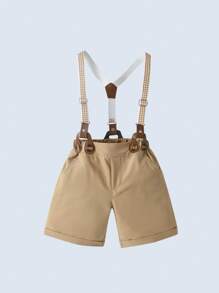 2pcs Young Boys Gentleman Outfit: Short Sleeve Collared Shirt With Bowknot And Suspender Shorts, Fashionable And Stylish For Parties, Birthdays, Weddings, And Ring Bearer Ceremonies