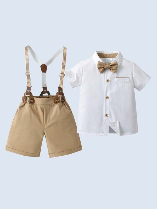 Ensemble Gentleman Costume Jeune Garçon 2 pièces, Chemise Col Rabattu à Manches Courtes avec Cravate Papillon et Short-Salopette, Mode et Beau, Convient pour Fête d'Anniversaire, Mariage, Spectacle, Banquet