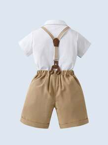 2pcs Young Boys Gentleman Outfit: Short Sleeve Collared Shirt With Bowknot And Suspender Shorts, Fashionable And Stylish For Parties, Birthdays, Weddings, And Ring Bearer Ceremonies