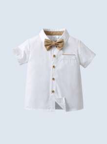 2pcs Young Boys Gentleman Outfit: Short Sleeve Collared Shirt With Bowknot And Suspender Shorts, Fashionable And Stylish For Parties, Birthdays, Weddings, And Ring Bearer Ceremonies