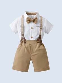 2pcs Young Boys Gentleman Outfit: Short Sleeve Collared Shirt With Bowknot And Suspender Shorts, Fashionable And Stylish For Parties, Birthdays, Weddings, And Ring Bearer Ceremonies
