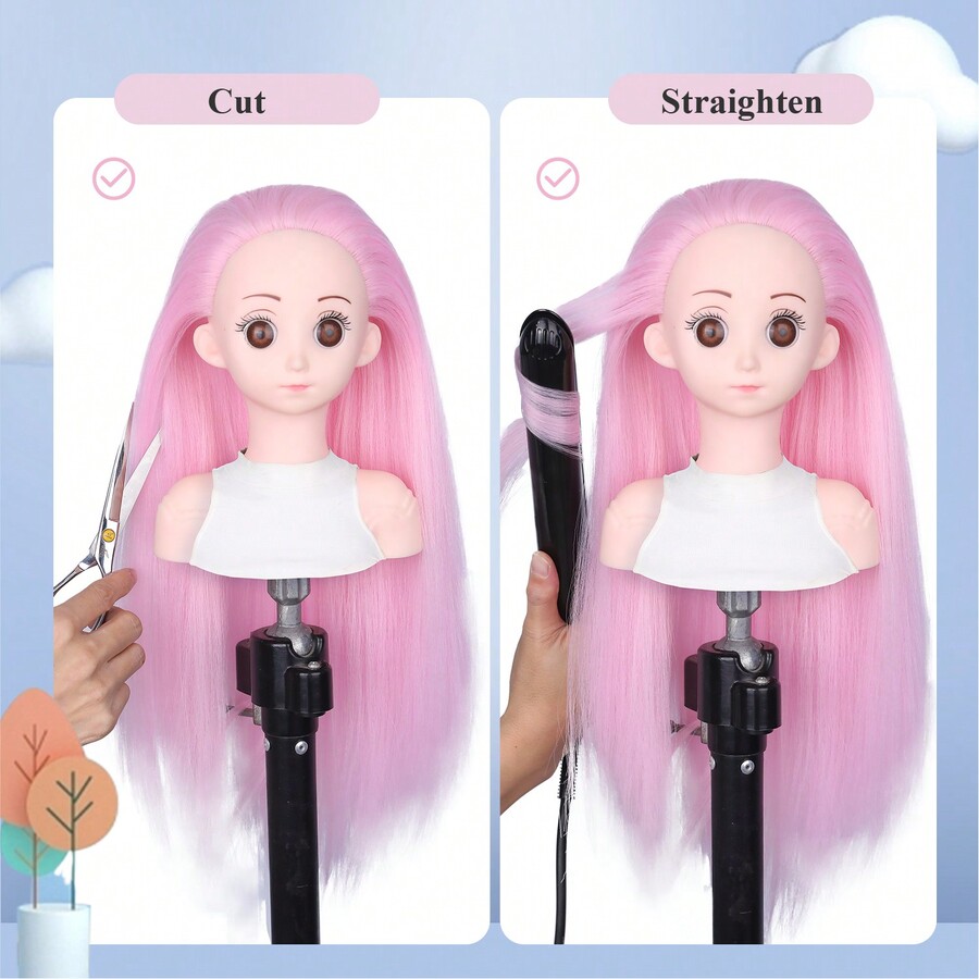 Mannequin Head Pink Yaki Synthetic Fiber Hair Long Styling Training