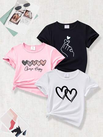 3 pièces T-shirts à manches courtes imprimés avec slogan en forme de cœur pour fille jeune pour l'été
