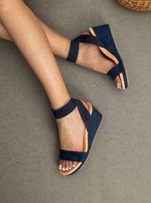 Women's Black Slip On Open Toe Elastic Ankle Strap Platform Comfortable Commuting  Wedge Sandals - Navy Blue - View 4