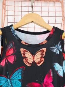 Tween Girl Summer Round Neck Sleeveless Butterfly Print Casual Dress