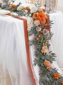 3Pcs/Set Artificial Eucalyptus Willow Garland With Flowers 1Pc 6FT With Wedding Arch Flowers Floral 2Pcs Swag Arrangements, Wedding Table Garland With Flowers Handcrafted Wedding Centerpieces Table Runner Swag For Rehearsal Dinner Bridal Shower Outdoor Decor - 橘色 - 查看 2