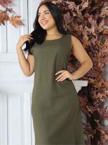Vestido Feminino Linho Midi Bolsos Liso Alça Larga Elegante - Verde Militar - Visão 4