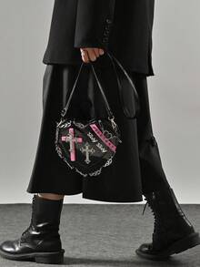KVKY 时尚朋克风格 Y2K 风格十字架装饰心形斜挎包哥特摇滚蒸汽朋克新奇包铆钉装饰斜挎包钱包，时尚小众设计，蒸汽朋克，哥特，女士包，酷女孩街头服饰，非常适合音乐节，音乐会 - 黑色 - 查看 3
