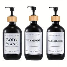 3pcs Bath Dispenser Set, Including Shampoo, Conditioner, Body Wash Distributors, With Waterproof Label Stickers - Black - View 10