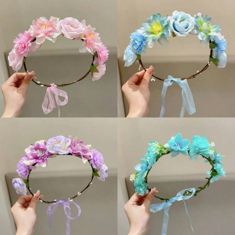 1件装欧美流行新娘配饰新娘发饰花环头箍沙滩旅行仿花发带可爱皇冠情人节配饰 - 彩色 - 查看 1