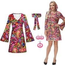 5pcs 70s 80s Women Hippie Costume Set Disco Outfit Women Peace Sign Earring Necklace Headband Dress For Party Cosplay (Pattern Position Is Random) - Multicolor - View 10