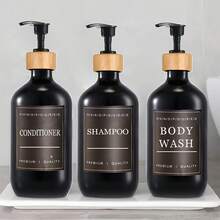3pcs Bath Dispenser Set, Including Shampoo, Conditioner, Body Wash Distributors, With Waterproof Label Stickers - Black - View 1