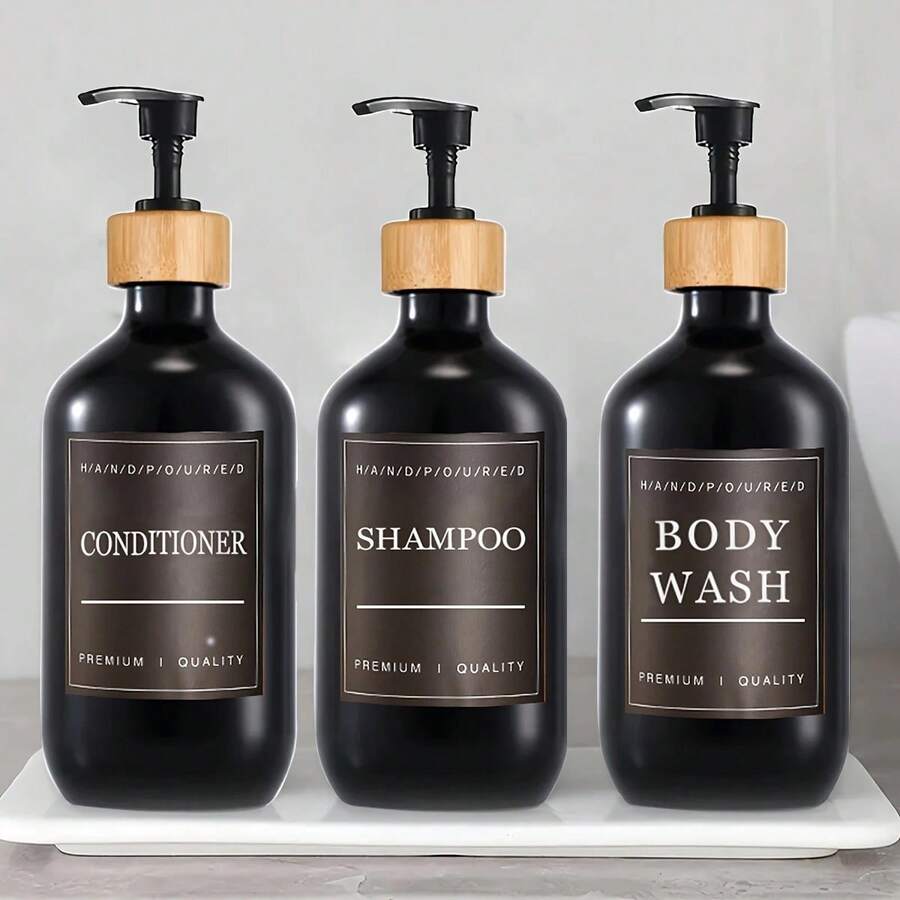 3pcs Bath Dispenser Set, Including Shampoo, Conditioner, Body Wash Distributors, With Waterproof Label Stickers - Black - View 1