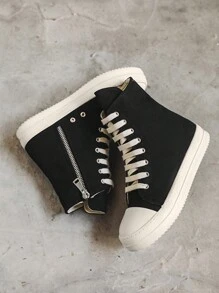 2024新款男士春季厚底复古高帮帆布鞋，侧拉链情侣帆布鞋 - 黑與白 - 查看 2