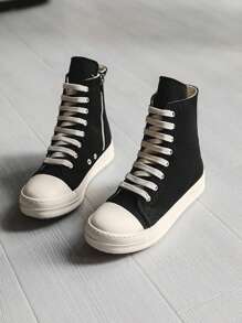 2024新款男士春季厚底复古高帮帆布鞋，侧拉链情侣帆布鞋 - 黑與白 - 查看 1