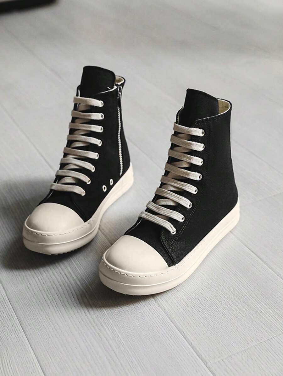 2024新款男士春季厚底复古高帮帆布鞋，侧拉链情侣帆布鞋 - 黑與白 - 查看 1