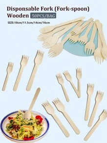 50入組一次性木質叉匙,長度可選擇10cm/11.5cm/14cm/16cm,適合生日派對、野餐、家庭聚會和友人聚會,適用於水果、蛋糕和沙拉,結合叉和匙功能的多功能餐具 - 杏色 - 查看 11