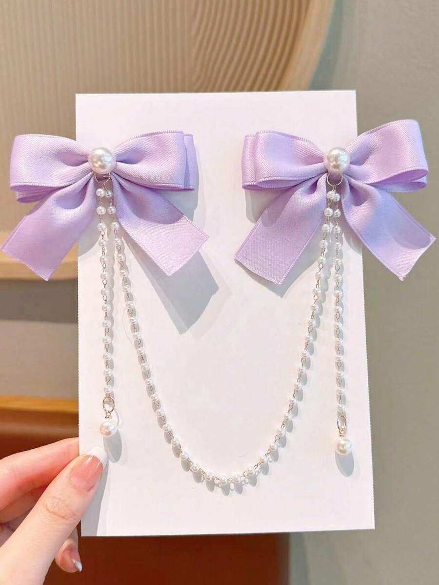 1pc Girls Fashion Sweet Pearl Bow Tassel Hair Clip - Mauve Purple - View 1