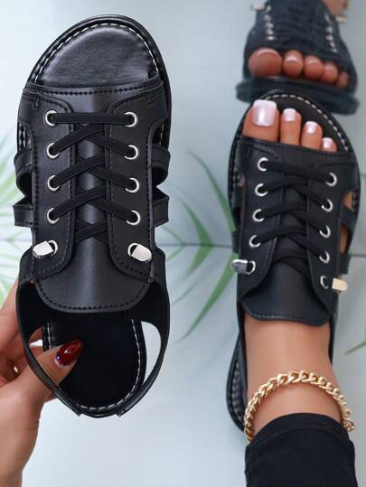 Women's Sandals 2024 New Summer Flat Hollow-Out Fashionable Casual Lace Up Slingback Flat Slipper