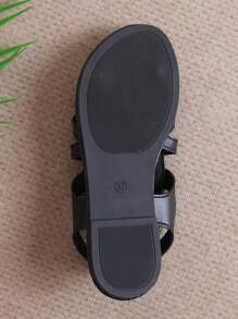 女士2024新款夏季平底中空時尚休閒系帶後背平底拖鞋 - 黑色 - 查看 7