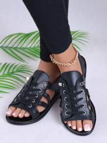 女士2024新款夏季平底中空時尚休閒系帶後背平底拖鞋 - 黑色 - 查看 4