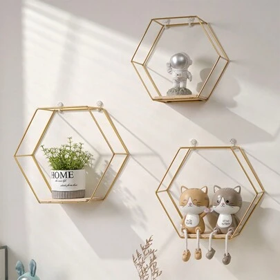 1pc Hexagonal Iron Wall Shelf, Adhesive No-Drill Wall-Mounted Rack, Diy Art Background Wall Decor, Display Shelf As Bookshelf, Flower Stand, And Decorative Items
