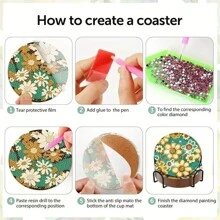 8入組花瓣和葉子圖案鑽石畫diy杯墊,附有ab形狀的鑽石和杯托 - 彩色 - 查看 4