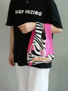 New Arrival Zebra & Leopard Pattern Knitting Bag, Large Capacity, Commuter Vest Bag, Light, Fashionable, Personalized, Versatile And Cute, Color-Block Vest Bag, Handbag - Hot Pink - View 5