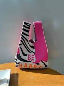 New Arrival Zebra & Leopard Pattern Knitting Bag, Large Capacity, Commuter Vest Bag, Light, Fashionable, Personalized, Versatile And Cute, Color-Block Vest Bag, Handbag - Hot Pink - View 9