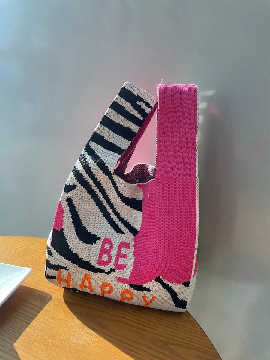 New Arrival Zebra & Leopard Pattern Knitting Bag, Large Capacity, Commuter Vest Bag, Light, Fashionable, Personalized, Versatile And Cute, Color-Block Vest Bag, Handbag - Hot Pink - View 1