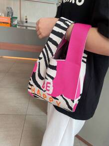 New Arrival Zebra & Leopard Pattern Knitting Bag, Large Capacity, Commuter Vest Bag, Light, Fashionable, Personalized, Versatile And Cute, Color-Block Vest Bag, Handbag - Hot Pink - View 8