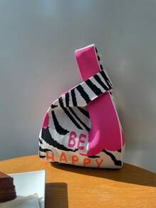 New Arrival Zebra & Leopard Pattern Knitting Bag, Large Capacity, Commuter Vest Bag, Light, Fashionable, Personalized, Versatile And Cute, Color-Block Vest Bag, Handbag - Hot Pink - View 2