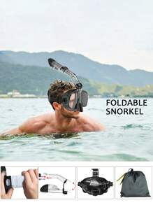 Half Face Snorkel Mask - Foldable, Dry Type, Multifunctional Snorkel Mask With 180° Panoramic View, Anti-Fog & Leak-Proof, Suitable For Adults With Camera Mount Diving Equipment, Beach Essentials, Beach Accessories, Pool Float - Black - View 10