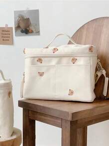 Embroidered Bear Insulated Thermal Bag, Stroller Organizer, Mommy Bag School Supplies School Accessories Back To School University Students Holiday Summer Festival Vacation School Bag Lunch Tote Bag Cooler Box Storage Bag Women Cute Lunch Pack Tiffin Bag Large Capacity Lunch Bag Woman Lunch Box Bag For Women Ladies Bag For School School Stuff