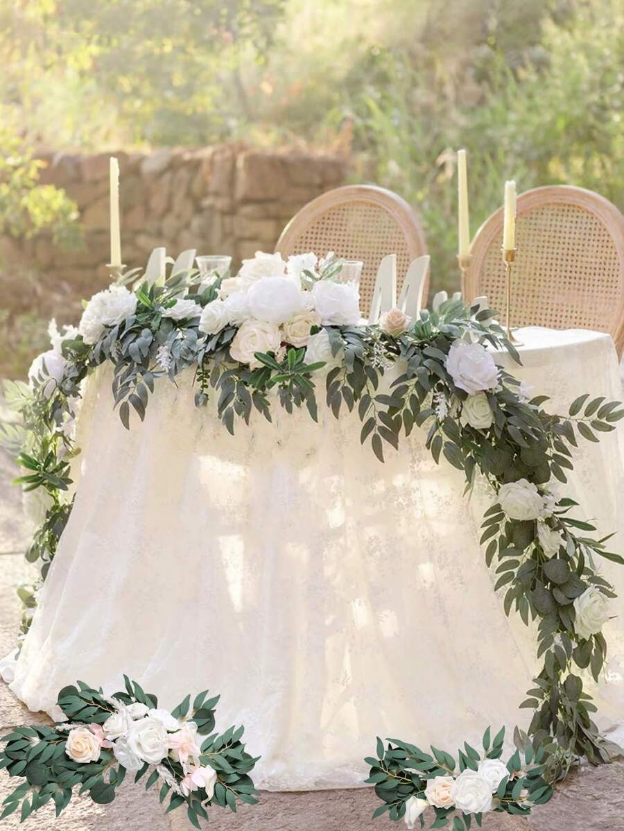 3Pcs/Set Artificial Eucalyptus Willow Garland With Flowers 1Pc 6FT With Wedding Arch Flowers Floral 2Pcs Swag Arrangements, Wedding Table Garland With Flowers Handcrafted Wedding Centerpieces Table Runner Swag For Rehearsal Dinner Bridal Shower Outdoor Decor - 白色 - 查看 1