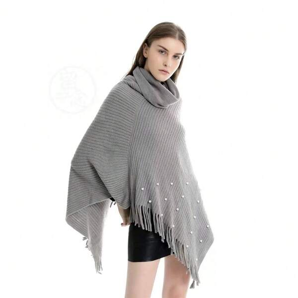 Poncho Feminino  de canelada com pérola  Gola Alta Casaco Lã Inverno