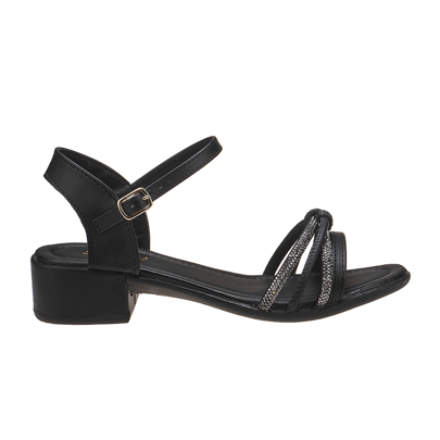 Sandália Infantil Feminina Salto Bloco Preta Com Tiras de strass