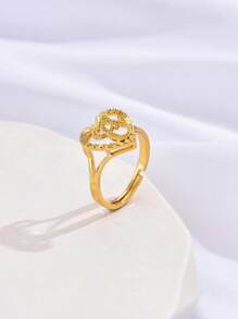 1只新款時尚極簡空心心形字母細節開口戒指,銅製,適用於女性,日常佩戴,生日禮物 - 戒指 - 查看 4