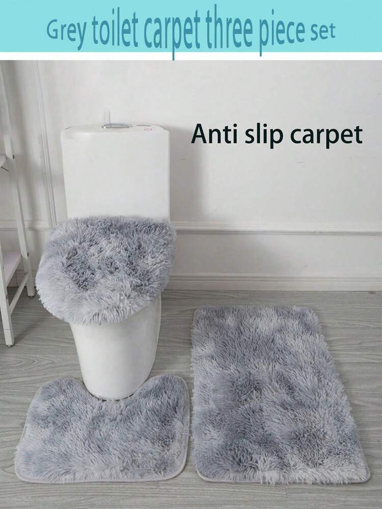 3pcs Màu xám 3D In ấn Mềm mại Sang trọng Không trượt Thảm + Nắp Phòng vệ sinh Che phủ + Thảm nhà tắm Bộ - Xám - Xem 1