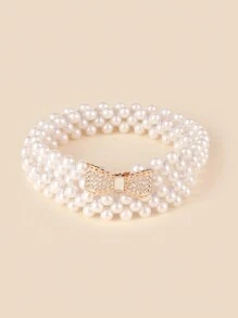 New Arrivals Girls' White Faux Pearl & Rhinestone Decor Plastic Alloy Buckle A-Line Dress With Waistband, Elegant
